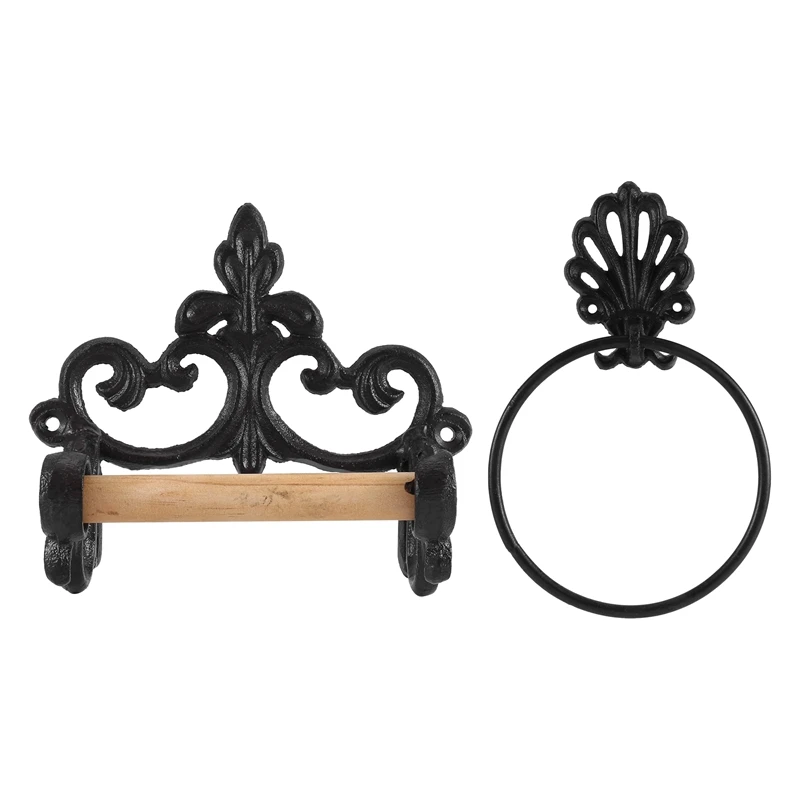 

Black Toilet Roll Holder Towel Holder Set,Bathroom Cast Iron Towel Ring Toilet Roll Holder Wall Mounted, Vintage Design