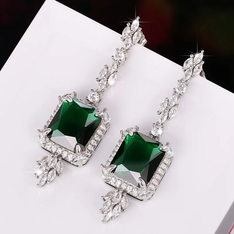 Huitan Gorgeous Square Green Cubic Zirconia Hanging Earrings for Women Newly Designed Bridal Wedding Accessories Luxury Jewelry