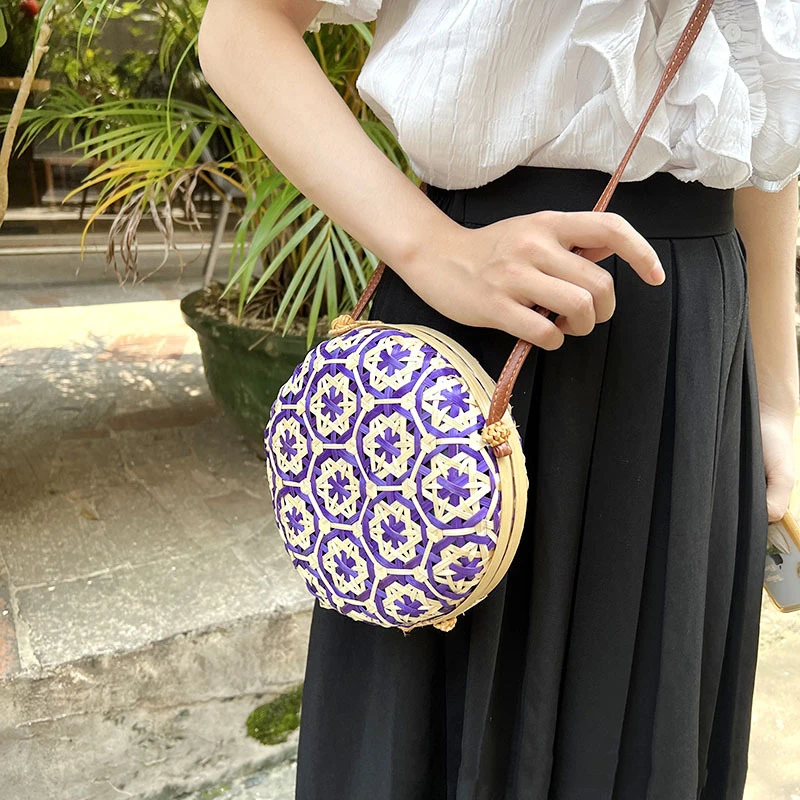 

Stylish Round Woven Shoulder Bags Bamboo Woven Handwoven Shoulder Pack Womens Adjustable Shoulder Strap Traveling Shoulder Bags