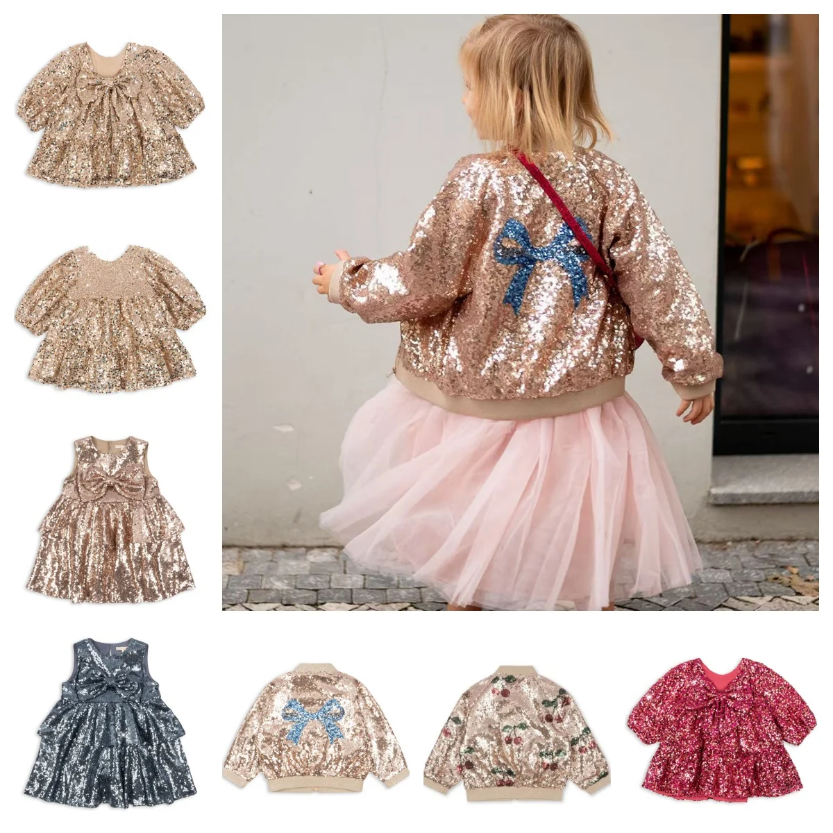 

Children's Cherry Print Sequin Series Outfit with Bow Vest And Dress Spring Autumn New Arrival Girls' Clothing Coat