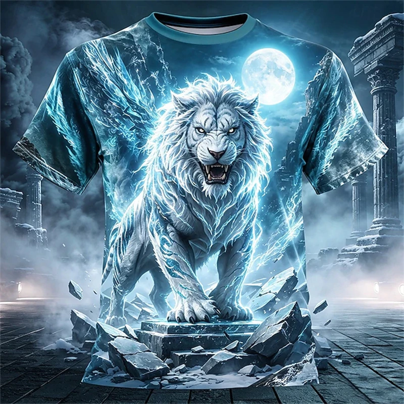 2026 Men's Summer Fashion Trends Short-Sleeve Round-Neck T-Shirt with Fierce Lion Print Oversized Loose-Fit Men's Top