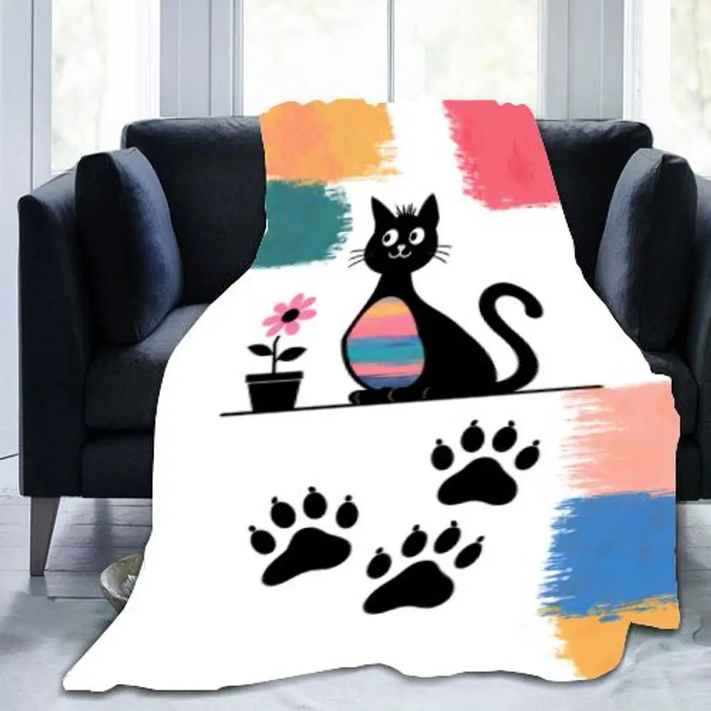 بطانية رمي قطة سوداء رائعة بتصميم وجه وردي وأبيض - بطانية صوف ناعمة ومريحة تتميز بطن متدرج من الوردي، Bl #5