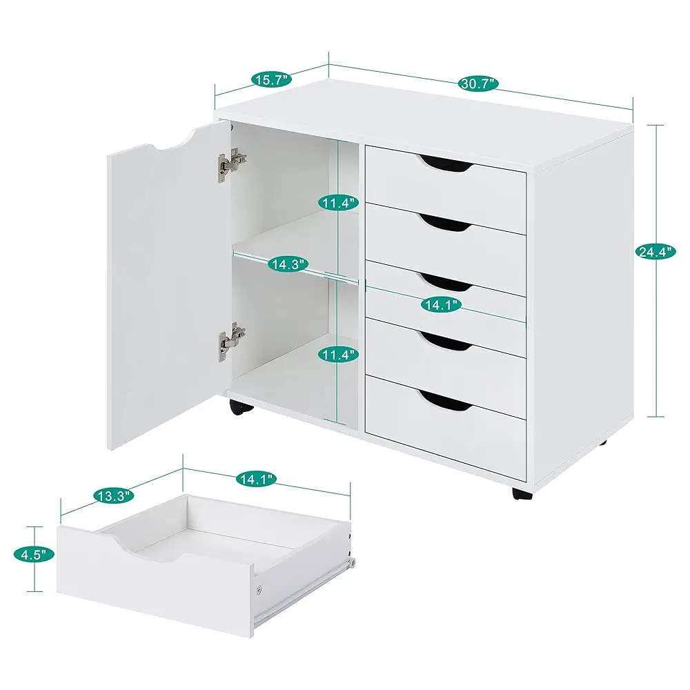 5 Drawer Office Storage File Cabinet With Shelf, Under Desk Storage, Printer Stand With Wheels, 180 Lbs Acity, White