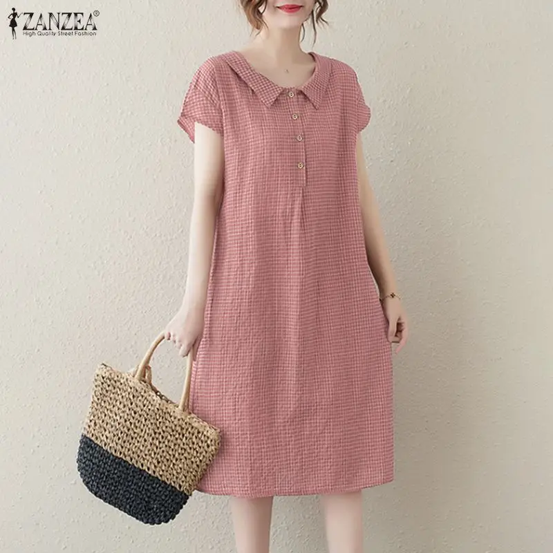 2026 ZANZEA Damen Sommer Kariertes Kleid mit Reverskragen Kurzarm Urlaubskleid Elegantes Arbeits-Midikleid Lässige Lockere Vestidos