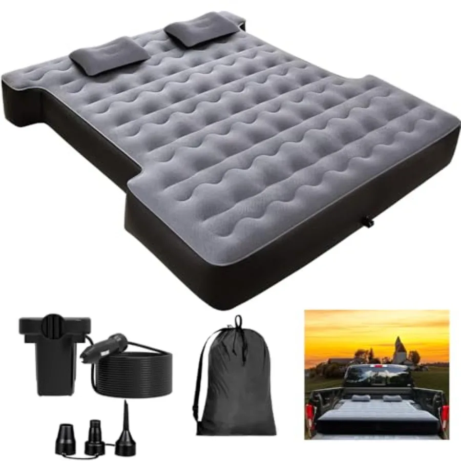 

Inflatable Full-Size Short Truck Bed Air Mattress 16.4FT Car Air Pump Cord Carry Bag for Outdoor Truck Camping Grey