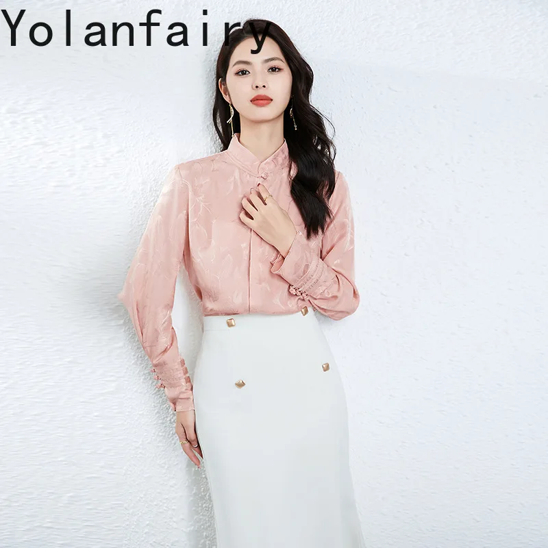 YOLANFAIRY 라이트 럭셔리 100% 멀 베리 실크 셔츠 여성 봄 우아한 2025 긴 소매 셔츠 탑 핑크 셔츠 여성 의류