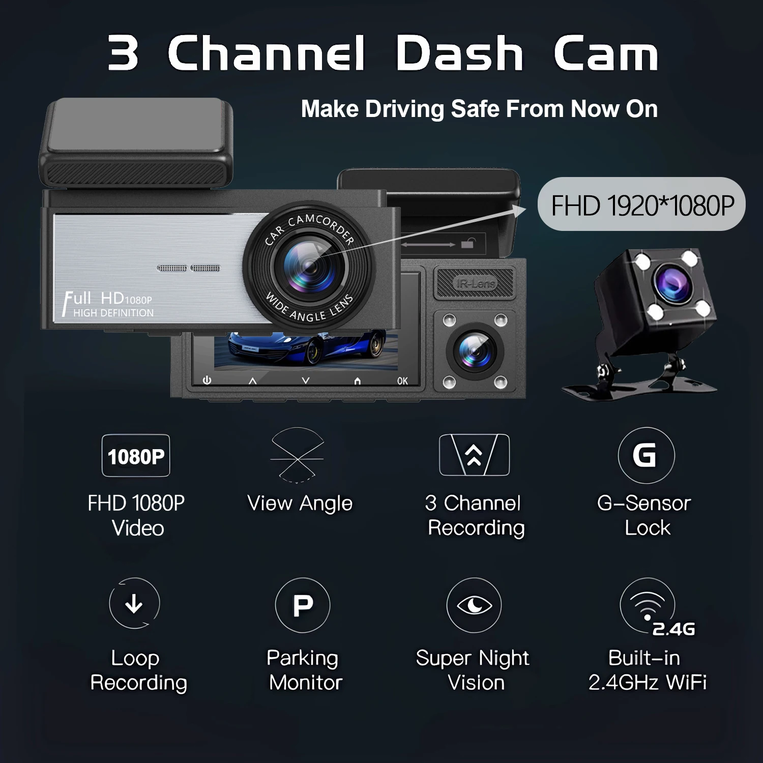 WIFI 3 Channel Car Dvr HD1080P Cabin Dash Cam Len Interior Camera Vehicle Recorder Video Registrator DVRS Dashcam Camcorder