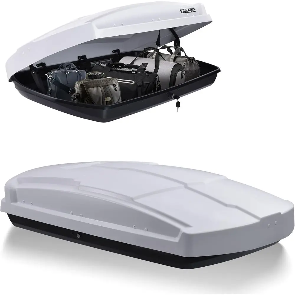 

Durable White Cargo Carrier, Weatherproof Storage Box, Double-Sided Access, Lockable, Tool-Free Mount, 58.3L x 35.4W x 13H