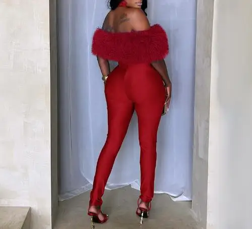 

Women's Autumn Winter One-Piece Off-Shoulder Fur Collar Patchwork Jumpsuit Sleeveless Elastic Nine-Part Bodysuit