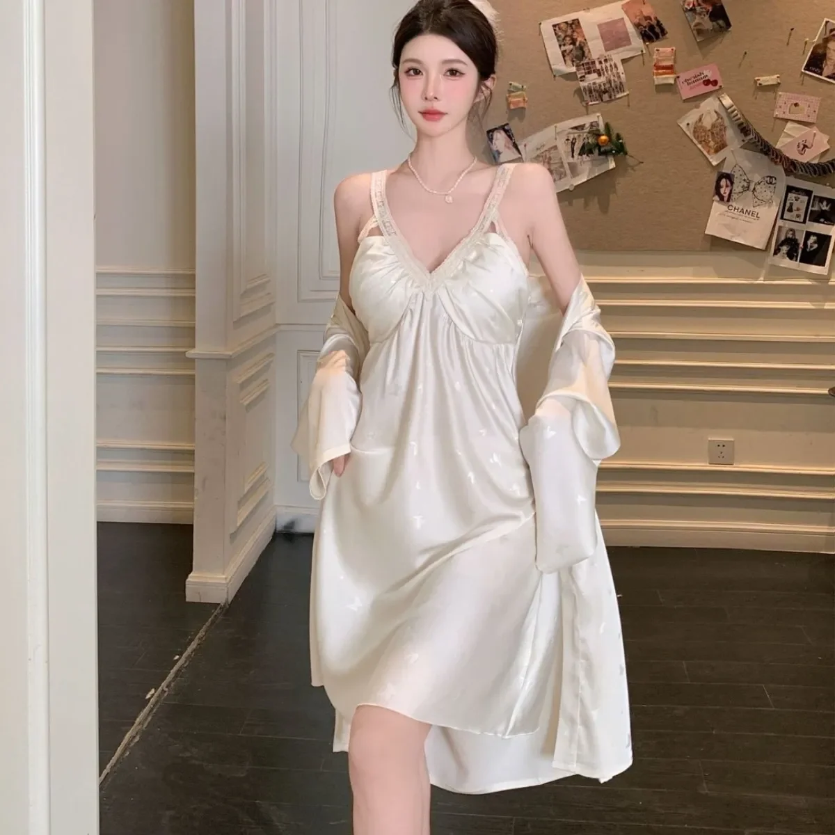 Twinset Abito con cinturino Camicia da notte Indumenti da notte femminili Lingerie Patchwork di pizzo Kimono Accappatoio Set Tentazione estiva Indumenti da notte