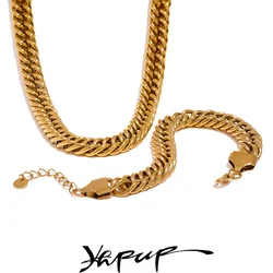 Yhpup High Quality 316L Stainless Steel Thick Heavy Metal Chain Necklace Bracelet Bangle 18K Gold Plated Waterproof Jewelry Set