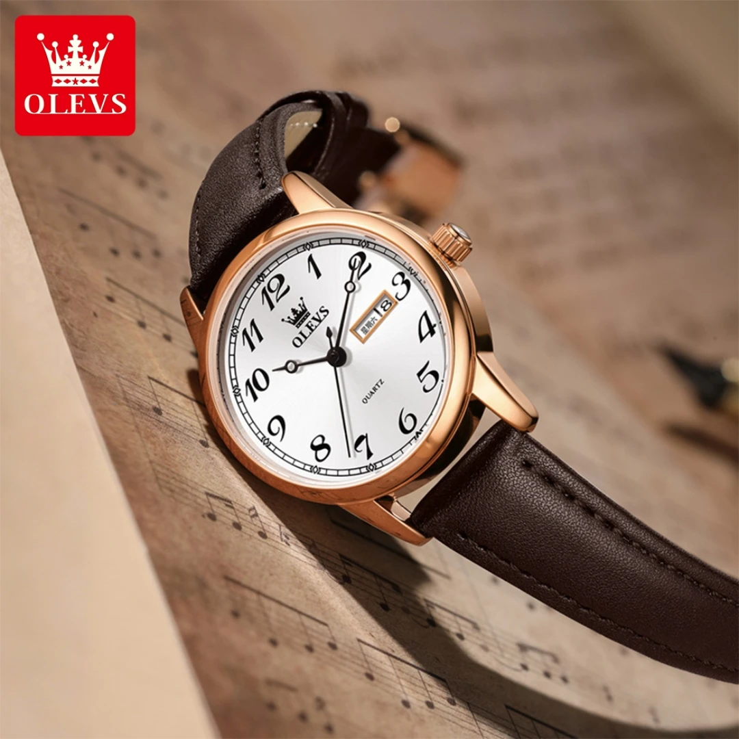 

OLEVS 5662 Quartz Fashion Watch Gift Round-dial Leather Watchband Wristwatch Week Display Calendar