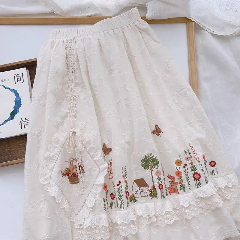 Sweet Lace Embroidery Skirts Women Vintage Elastic Waist Casual Japanese Mori Girl Cotton A-Line Skirt