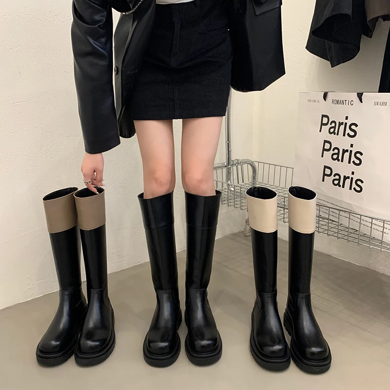 Woman Boots Knee High Platfrom Studded Autumn Winter Knight Combat Gothic Elegant Square Heel Women's Shoes Motorcycle Footwear