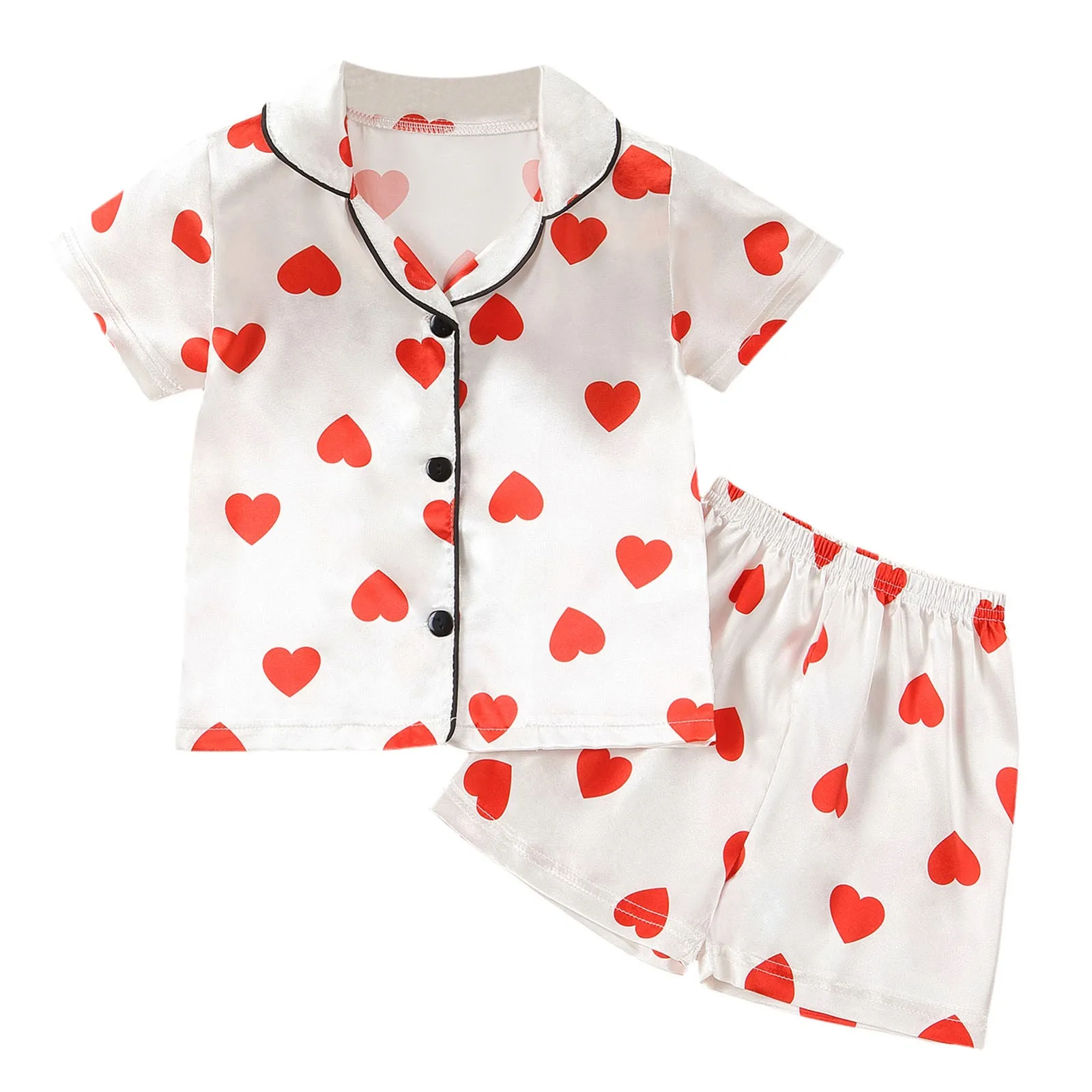 Kids Baby Girls Valentine Pajamas Sets Heart Print Button Short Sleeves Shirt + Elastic Shorts Loungewear Sleepwear Summer 2025