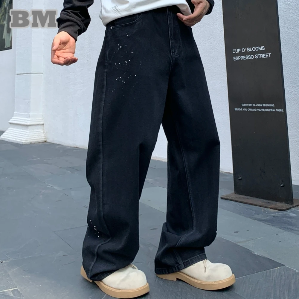 

‌American Retro Washed Distressed Baggy Jeans Men Loose Fit Stacked Denim Pants Streetwear Black Vintage Fashion Trousers Male