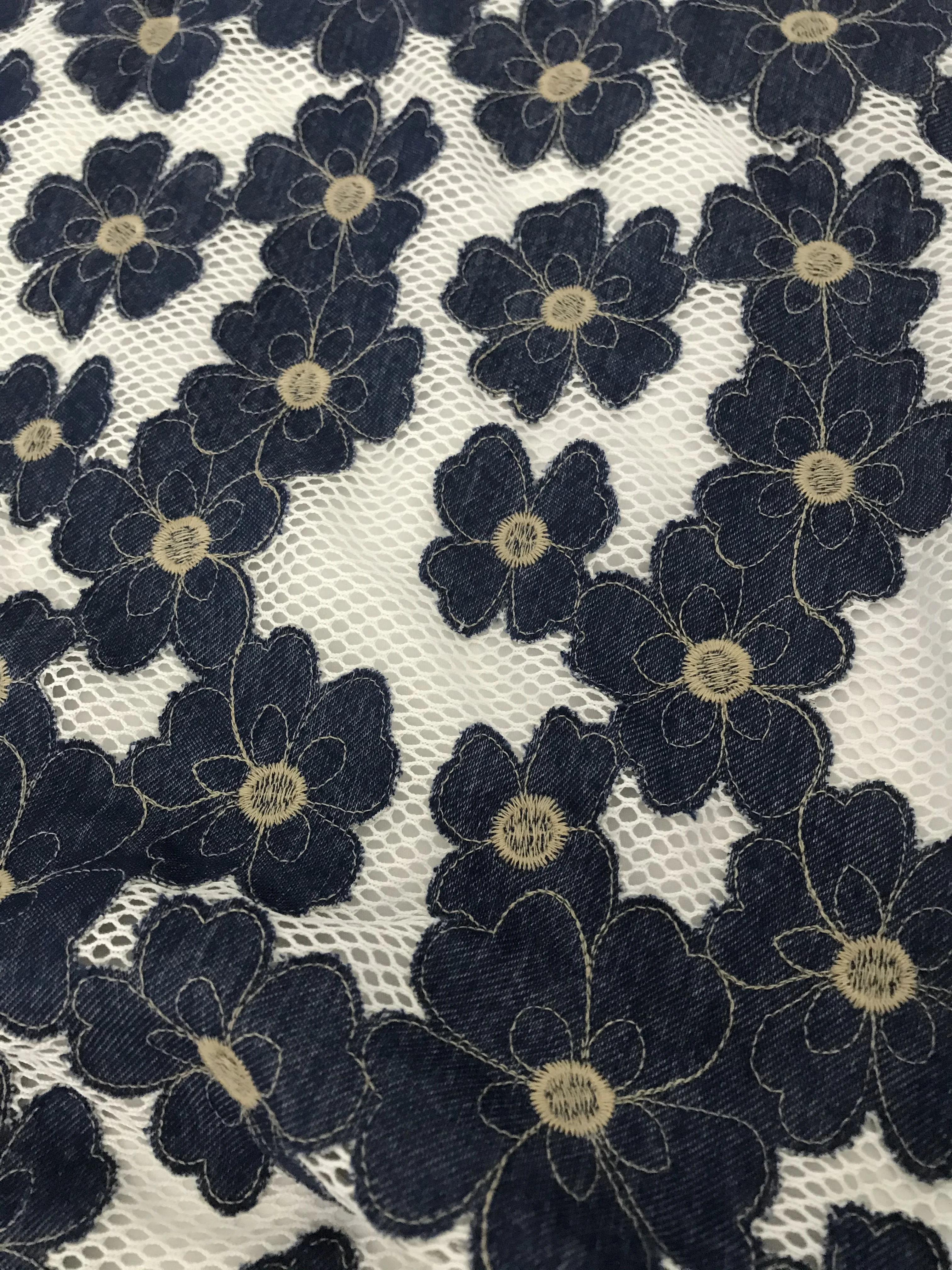 3M Good quality denim embroidered white thick mesh fabric DIY dress fashion fabric decoration X1005