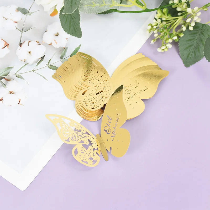 

20pcs Eid Mubarak Paper Butterfly Sticker Ramadan Kareem Hollow Cutout Design Gold/Silver Sticker Muslim Home Wall Decor Gift