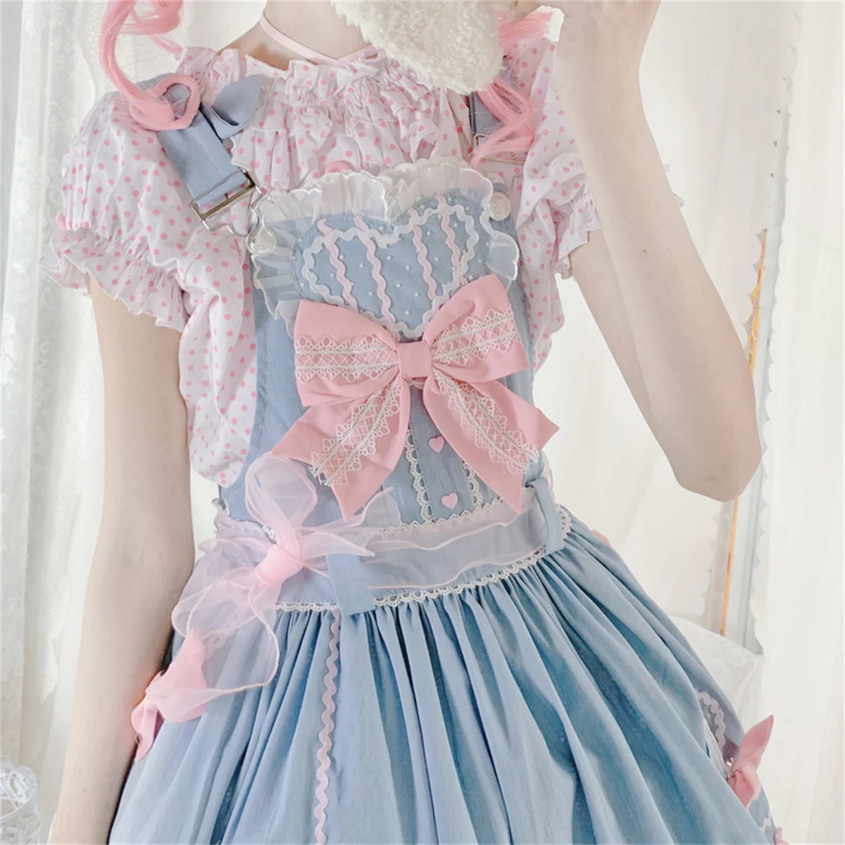 

Japanese Style Kawaii Girls Cosplay Lolita Jsk Cute Suit Top+dress Sweet Loli Polka Dot Puff Sleeve Top Lace Bow Ruffle Dress