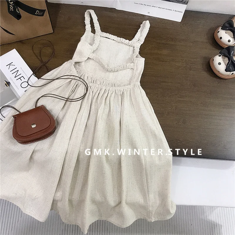 

Girls' Linen Backless Breathable Strap Dress Korean Children's Fashionable Comfortable Sweat-Absorbing Vest Dress