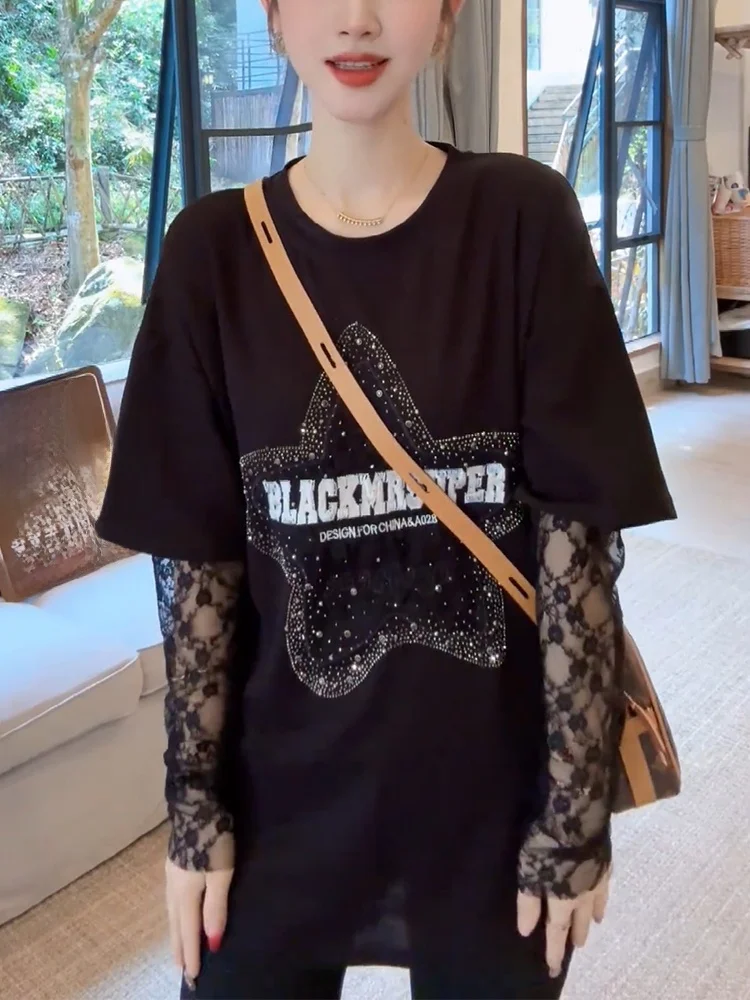

Korean Style Lace Short Sleeve T-Shirt Glittering Drill plus Size Women Fashionable Commute Summer Top for Pear Body Type