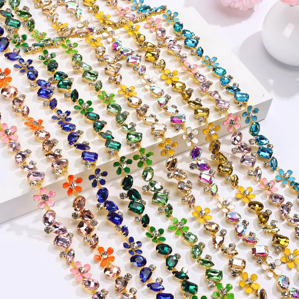 10Yards Rhinestone Chain Clothing Accessory Shoes Bag DIY Crafts Crystal Diamond Flower-shaped Decoration Rhinestone Ribbon