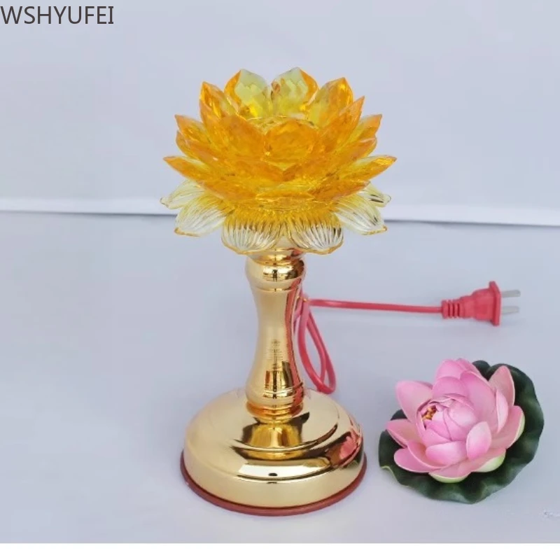 Buddha's Front Light Lamp Buddhist Lamp LED Crystal Lotus Lamp for Buddha Guanyin Lotus Yellow Light Home Decoration Ornaments
