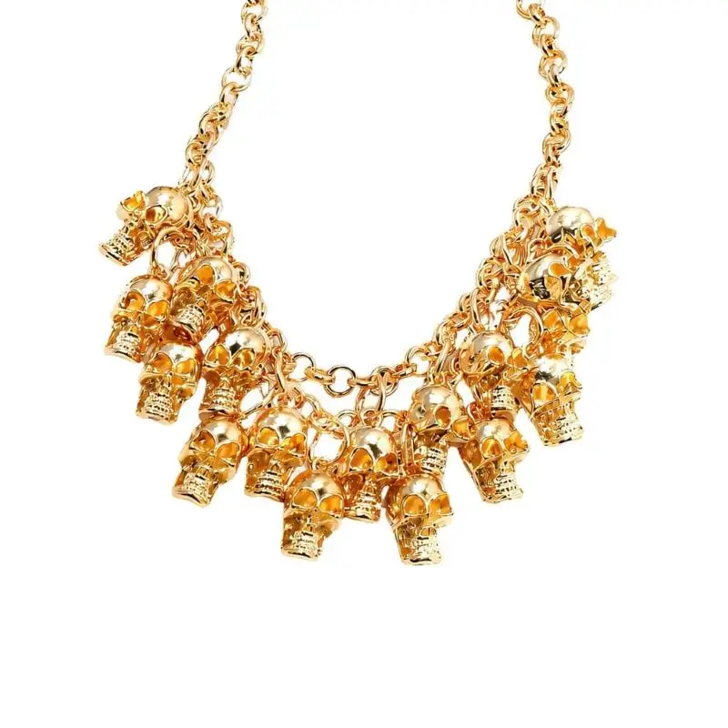 31BB Bold Alloy Skull Pendant Necklace with Front Chain Drape for Punk Jewelry Lovers and Edgy Daily Party Looks Accent