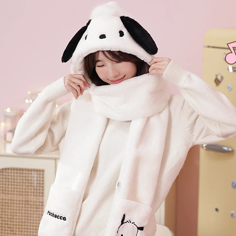 Winter My Melody Kuromi Pochacco Hat and Scarf All In One Sanrioed Warm Cartoon Plush Kawai Gloves Cold-Proof Three-Piece Set