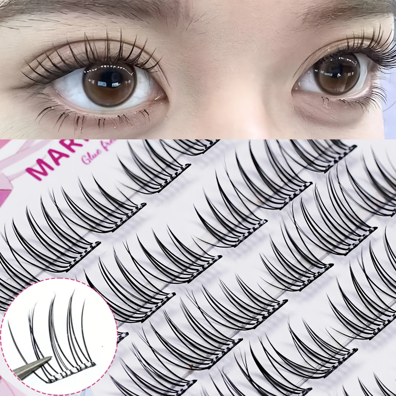 Selbstklebende falsche Wimpern, 36 Stück, transparent mit Wimpernbüscheln, D-Curl, weiche, natürliche Wimpern, Wipsy Wimpernbüschel mit Vorkleber, Press-On-Wimpern für Anfänger, 11-12 mm, natürliches