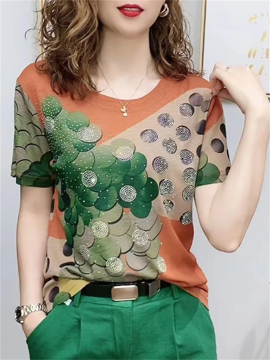 4XL Women Summer Spring Blouses Shirts Lady Fashion Casual Short Sleeve O-Neck Sequins Elasticity T-shirt Blusas Tops WY0730