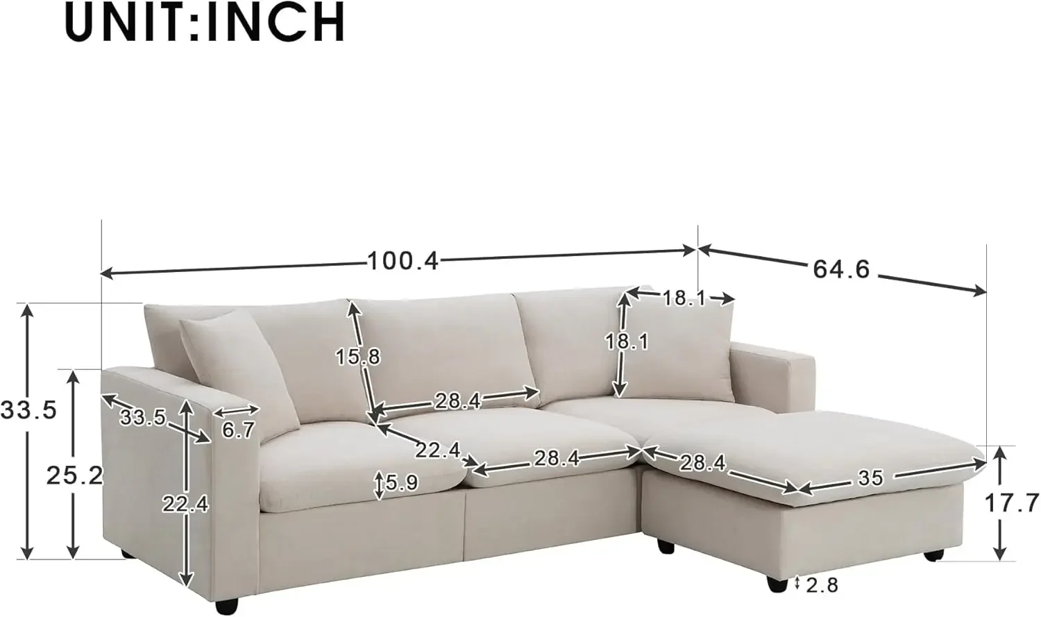 

100.4" Modular Sectional Sofa Cloud Couch for Living Room, Modern Beige L Shaped Couch Set
