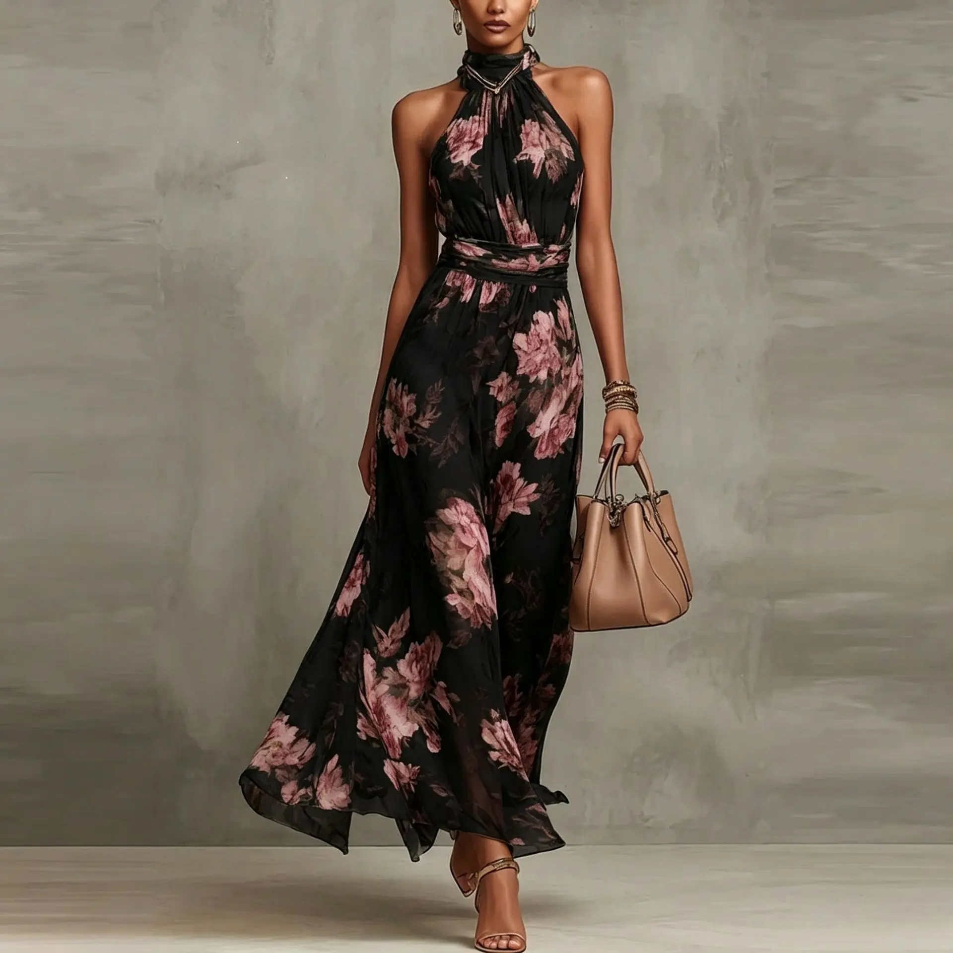 Vintage Maxikleid aus Chiffon mit Neckholder, ärmellos, rückenfrei, hoher Taille, Schlitz, fließend, mit floralem Aquarellmuster für Abend und Hochzeit – Detail 9