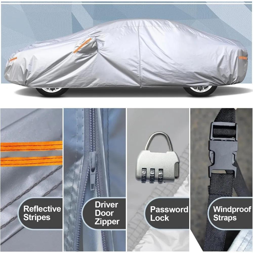 All Weather Waterproof Car Cover with Lock and Zipper Door, UV Rain Protection for Sedan (186-193 Inch)
