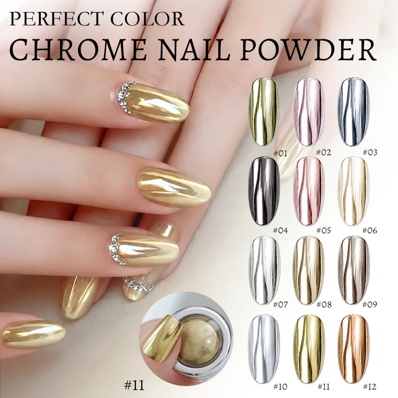 PERFECT COLOR Chrom-Spiegel-Nagelpulver, Metallisches Chrom-Pulver für Nagelkunst, 13 Farben Spiegeleffekt-Pigment