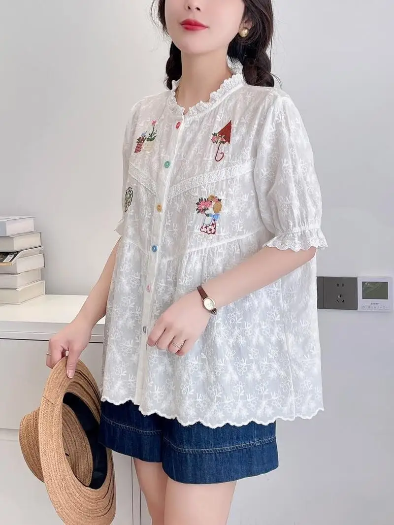 Spring Cotton Casual Shirt Women Lace Embroidery Ruched Necks Blouses Girl Short Sleeve Fashion Sweet Top 2024 Summer T45419QM