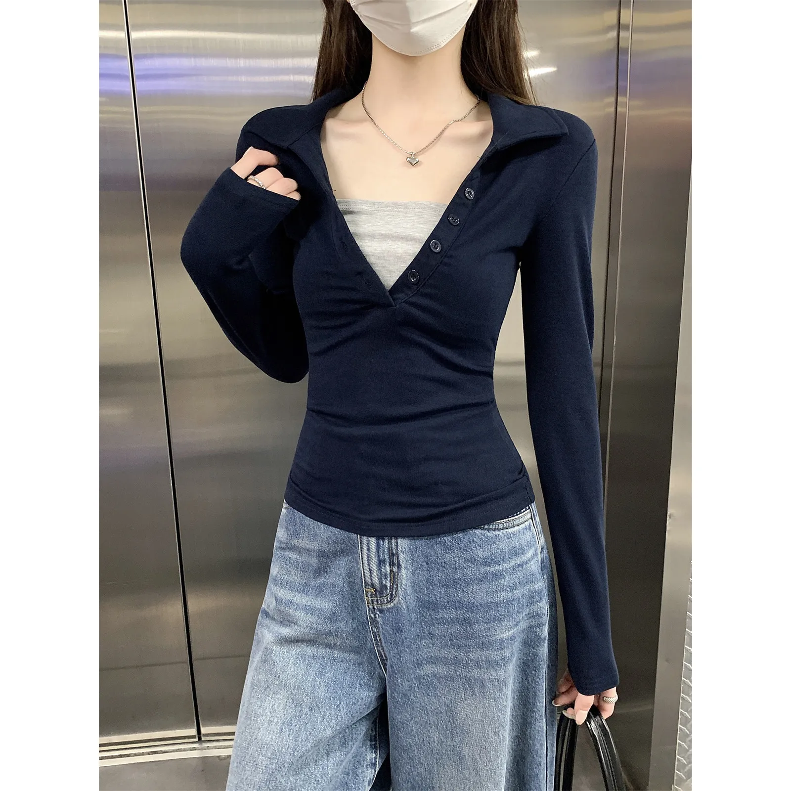 Polo V-neck False Two-Piece T-shirts Women Long Sleeve Kpop Tops Vintage Korean Fashion Tees Shirts Y2K Woman Clothes Tshirts