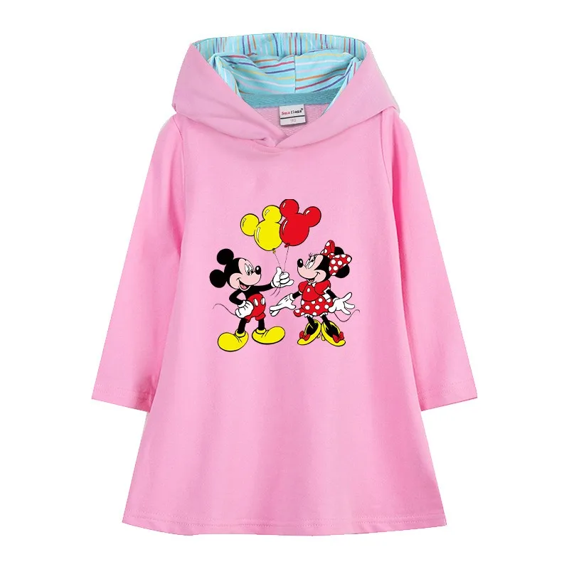 2025 New Cotton Disney Baby Girls Dress Minnie Mouse Spring Girl Clothing for Children Long Sleeve Kids Clothes Hooded Mickey