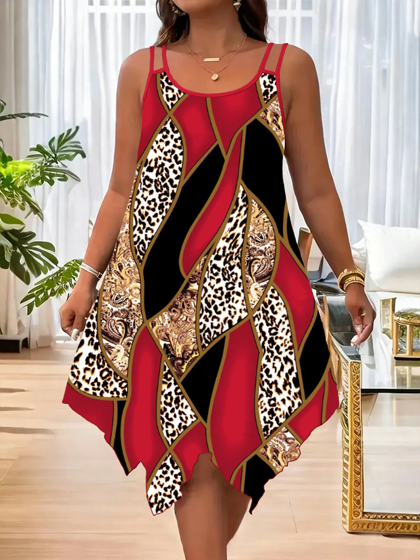 

Plus-size women's fashion asymmetrical geometric stripes printed double strap dress
