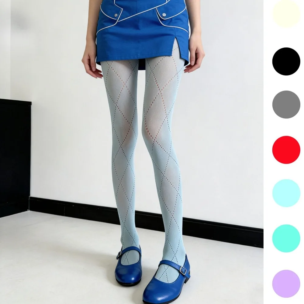 Retro Casual Schulmädchen-Strumpfhose Bunte Jacquard-Diamant-Netz Transparente Strumpfhose für Damen Hochelastische Durchbrochene Strümpfe
