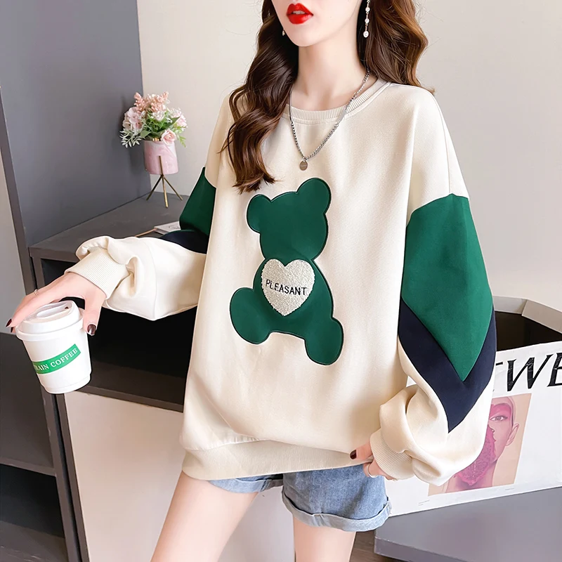 Women\'s Thin Oversized Sweatshirts Casual O-neck Loose Pullover Harajuku Girls Cute Bear Appliques Off-shoulder Tops