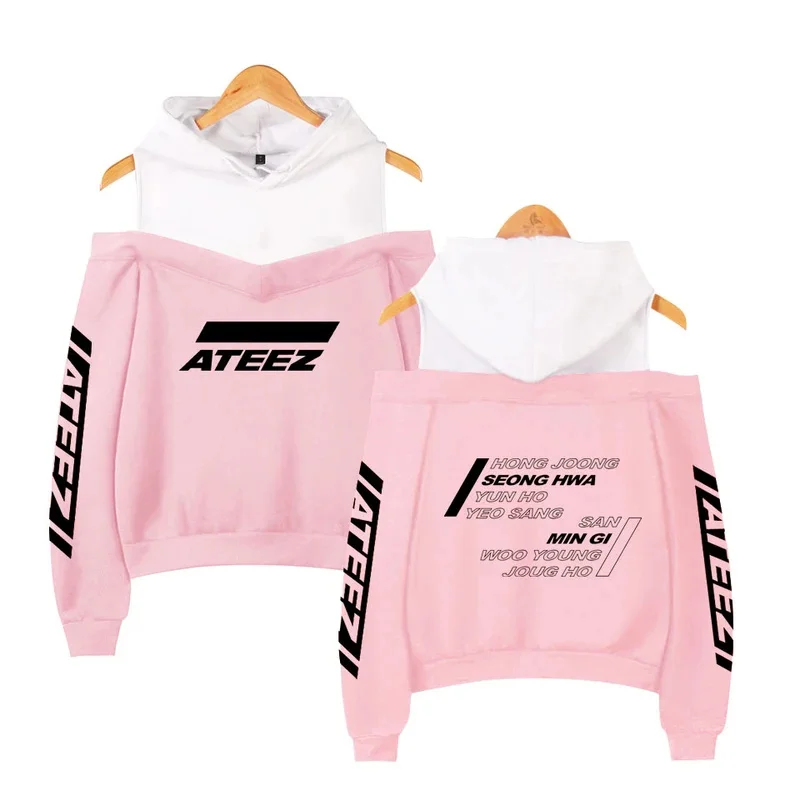 Hot sale ateez off shoulder sweatshirt pattern printing women's fashion casual streetwear off-shoulder hoodie sexy sweathirt