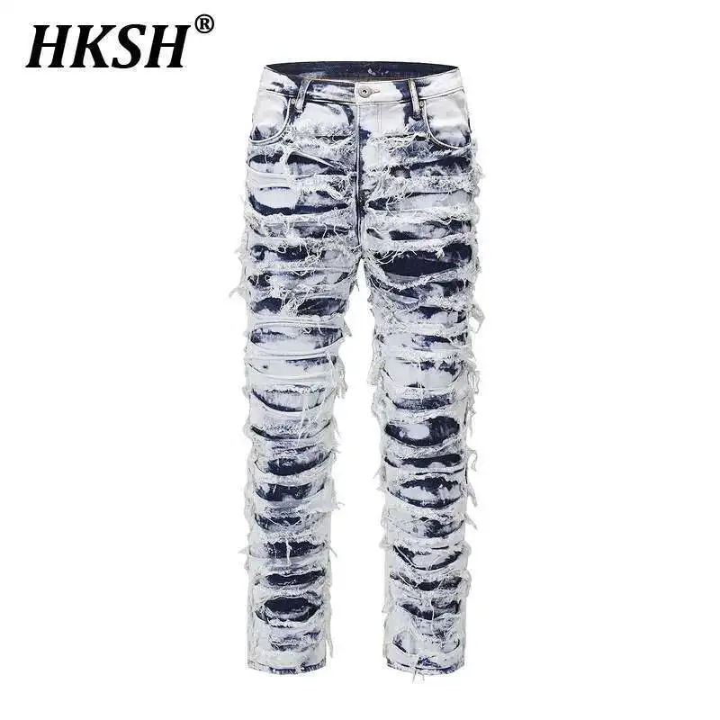 HKSH Spring New Men Punk Y2K American High Street Fashion Brand Washed Ripped Jeans Zippers Worn Out Beggar Denim Pants HK4290