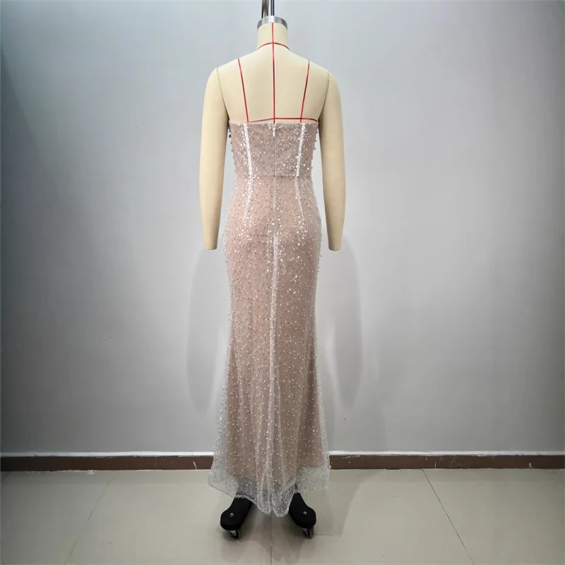 Neue Ankunft Perlen Pailletten Sexy Fishbone Trägerloses Kleid Langes Kleid Europäischen und Amerikanischen Party Abend Hochzeitskleid