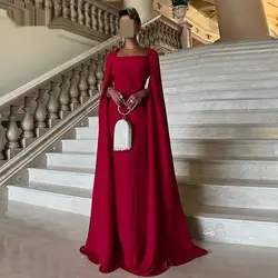 Burgundy Long Evening Dresses Saudi Arabic Women Party Formal Dress Squar Neck Prom Gowns Celebrity Wedding with CapeCL-723