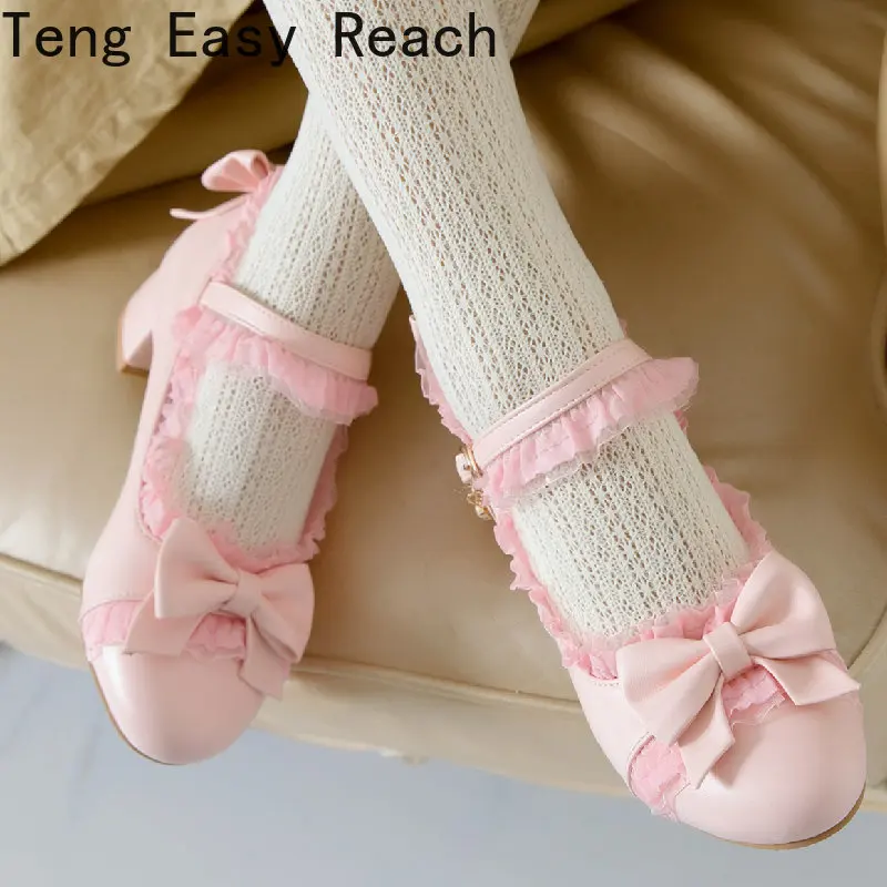 Spring 2023 Low Heels Lolita Shoes Woman Sweet Bow-tied White Pink Nude Heels OL Office Wedding Shoes Girls Large Size