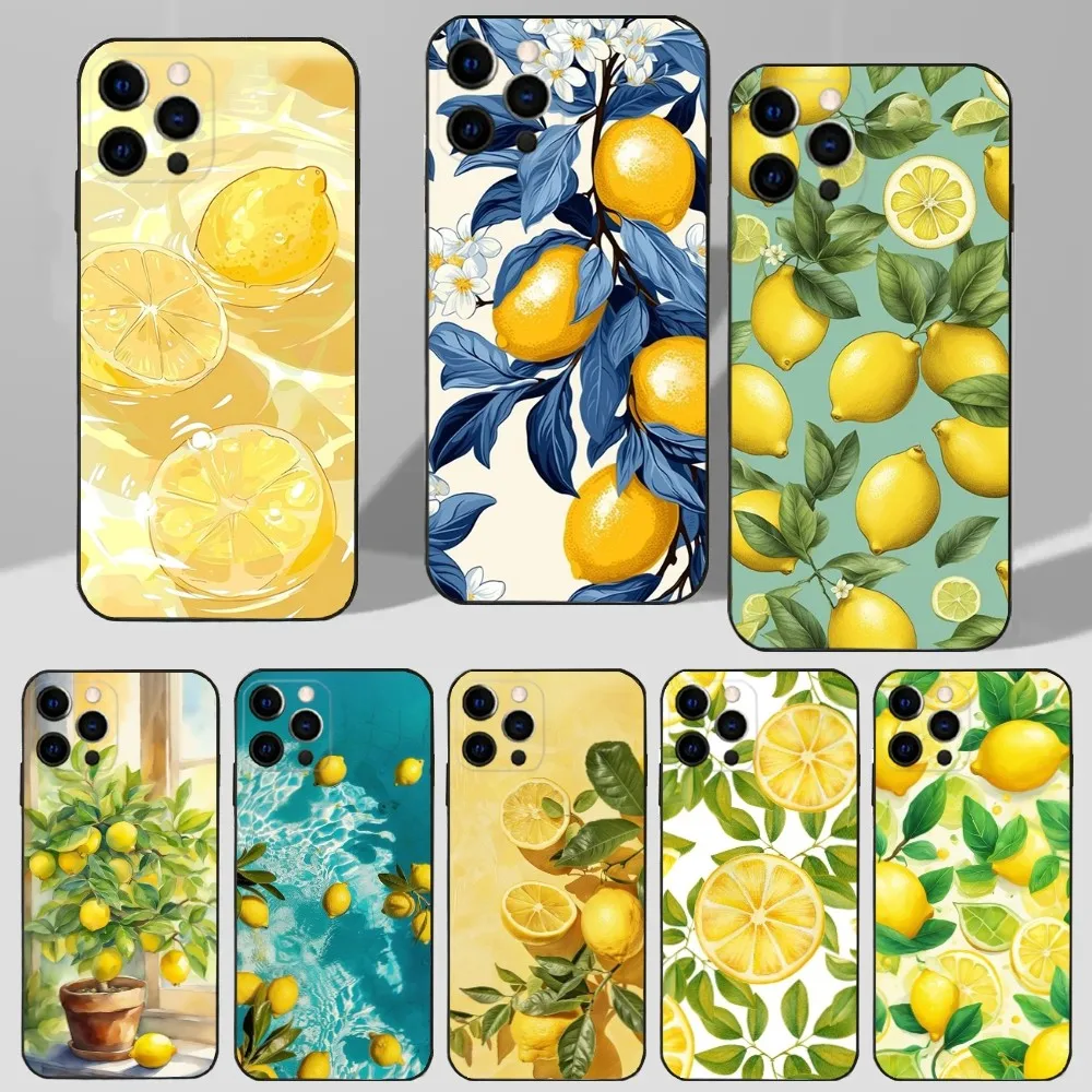 Fruit lemon Painting Phone Case For iPhone 16,15,14,13,12,11 Plus,Pro Max,XS,X,XR,SE,Mini,8,7 Soft Silicone Black Cover