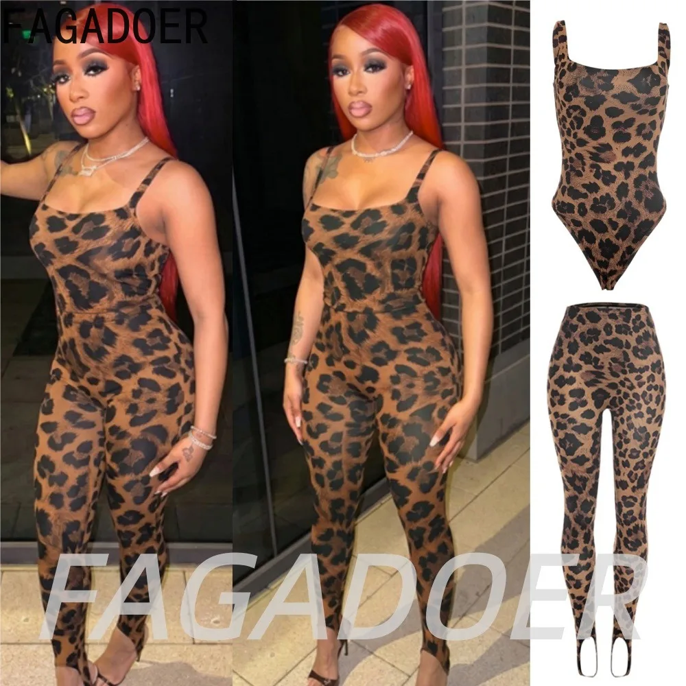 

FAGADOER Sexy Leopard Print Pants 2 Piece Sets Streetwear Off Shoulder Bodysuits and Bodycon Pants Outfits Fashion Commut Suits