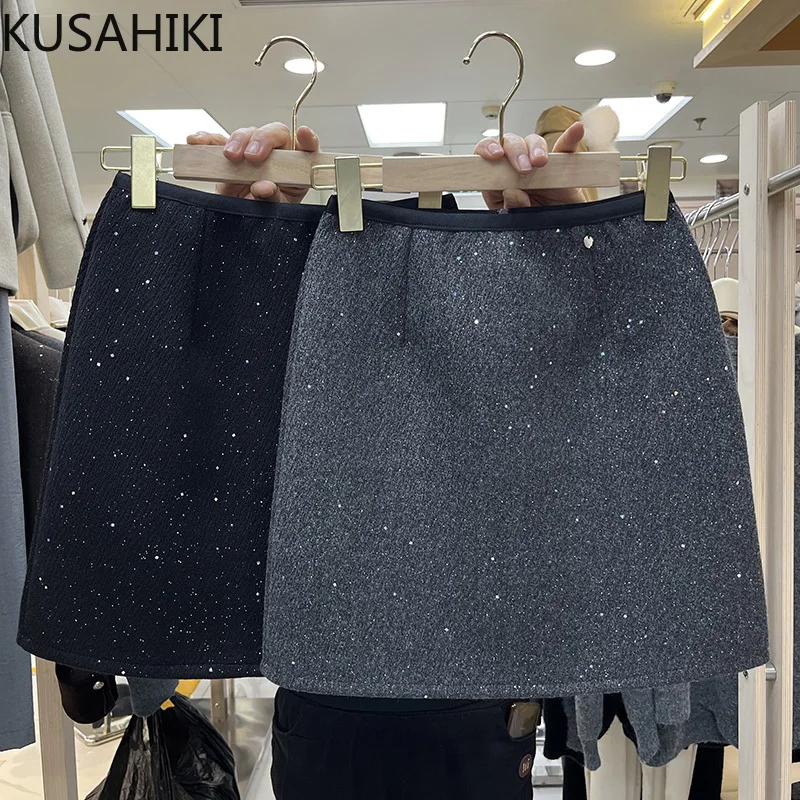 KUSAHIKI Korean Style Tstarry Sequins Woolen Cloth with Buttocks Half Skirt High Waist Slimming One Step Short Skirts