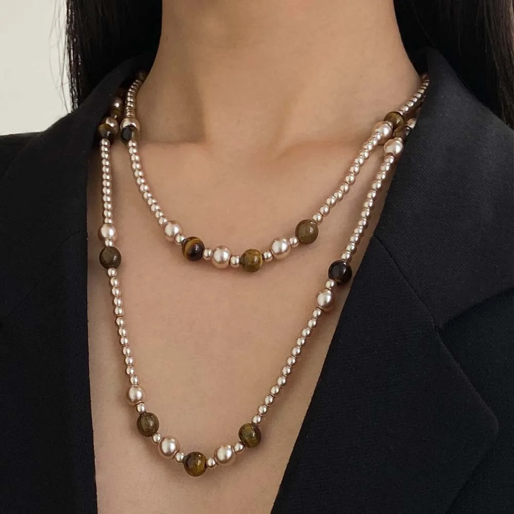 Fashion Round Tiger Eye Stone Artificial Glass Retro Pearl Beaded Necklaces Maillard Stackable Neck Chain Choker for Women